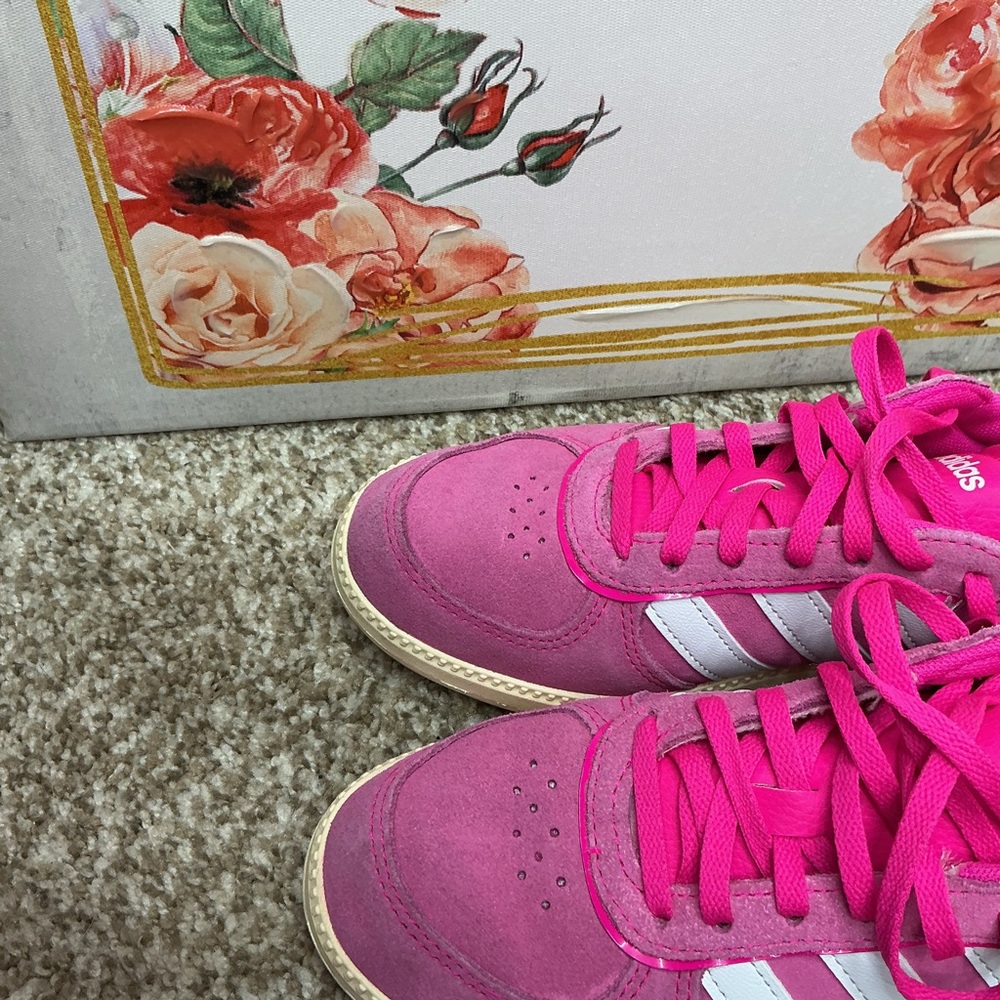 adidas Hot Pink Suede Sneakers with White Stripes - Picture 3 of 10
